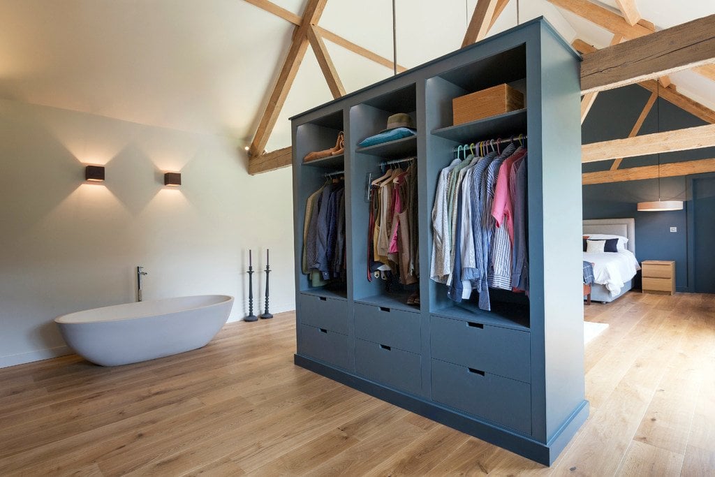 open concept bedroom, loft, bathtub